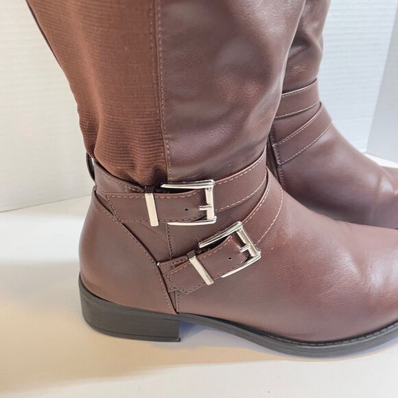 Brown Knee-High Riding Boots With Adjustable Buckles & Side Zipper - Picture 3 of 13